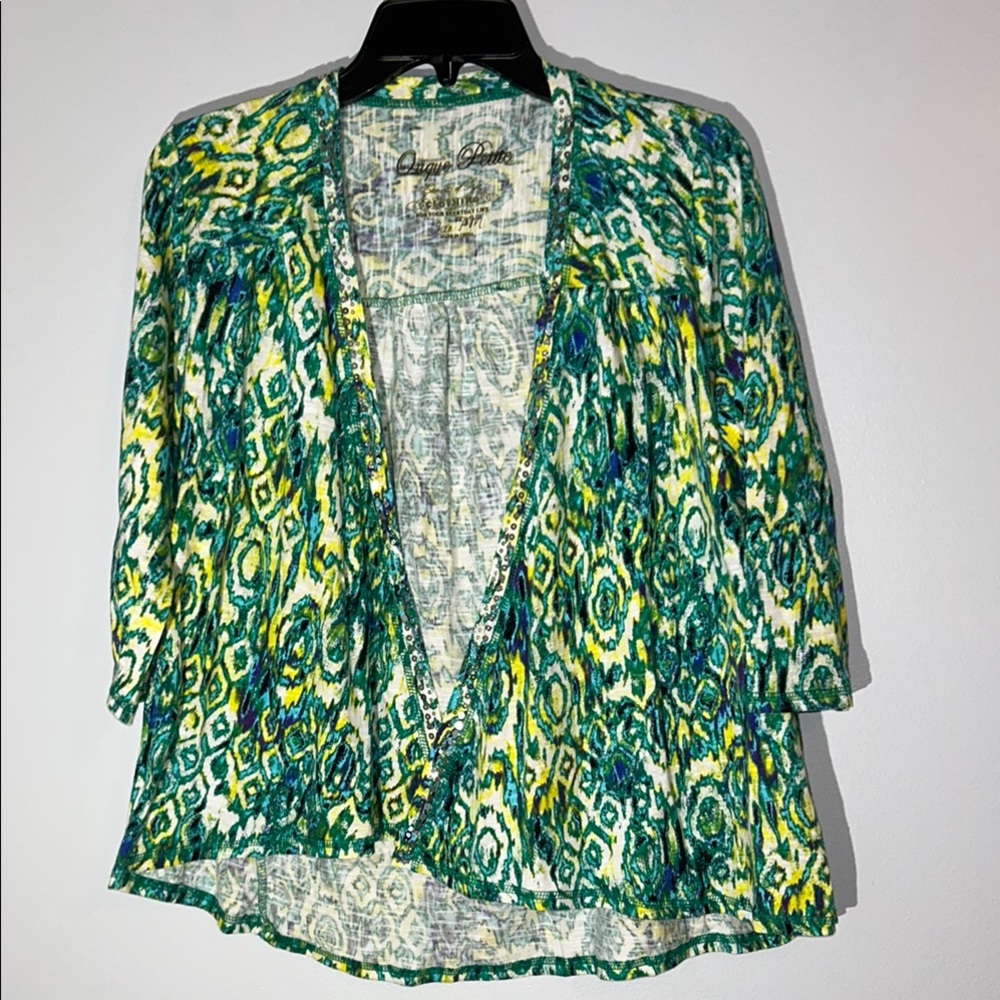 Onque Woman Green and Yellow Patterned cardigan‎ 100% cotton medium petite